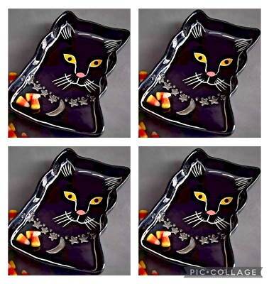 4 NEW ANTHROPOLOGIE FRANCESCA KAYE HALLOWEEN MAGIC KITTY CAT DESSERT PLATE BLACK