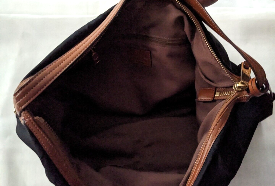 Ralph Lauren Womens Nylon Black w/Brown Leather Accent Zipper Shoulder