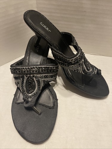 FIONI NIGHTS sandali raso tacco a gattino scarpe donna taglia 6 nero cocktail Y2K - Foto 2 di 5