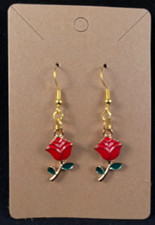 Red Rose Flower Earrings - Dangle - Gold Hook - Handmade - Valentine - C