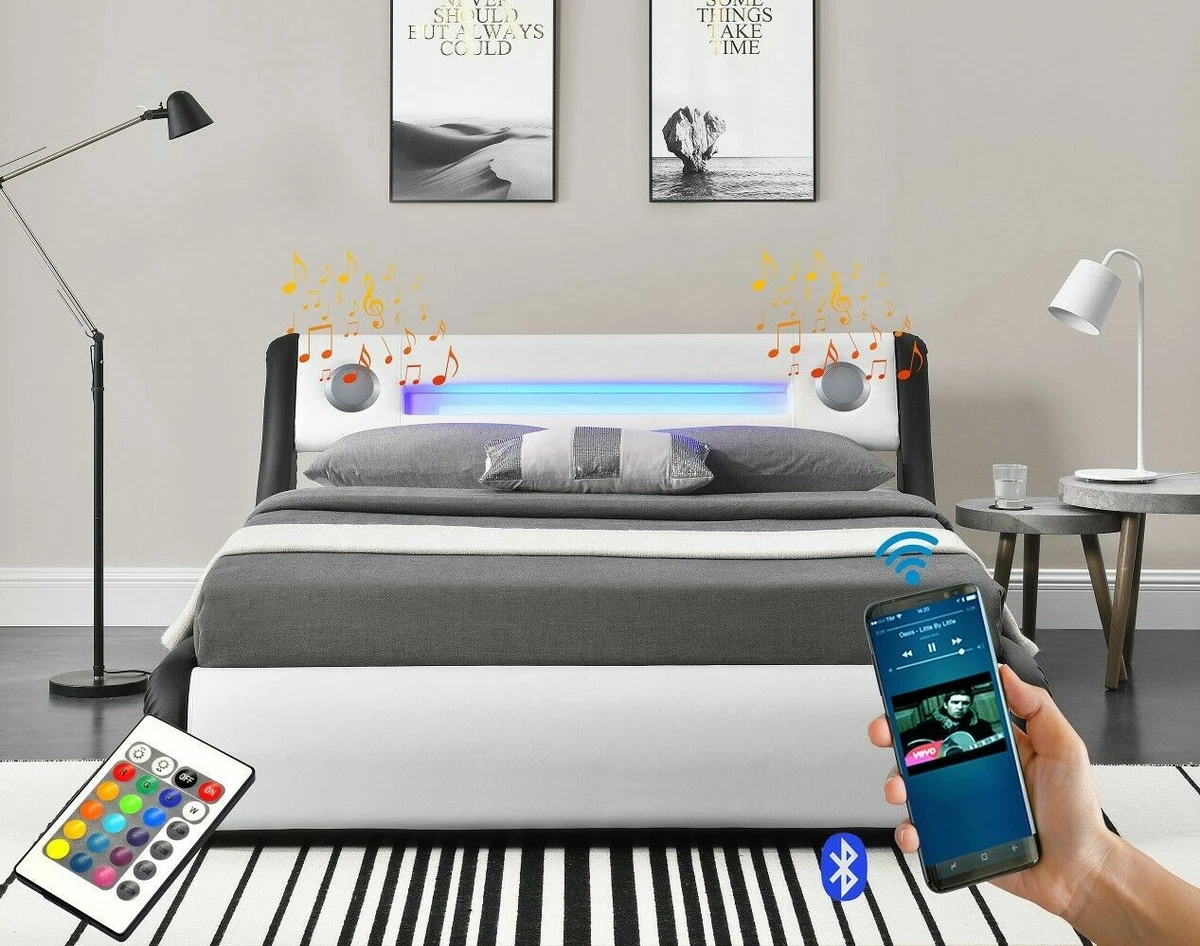Bluetooth Speaker LED Lights Ottoman Bed Frame Modern Double Black