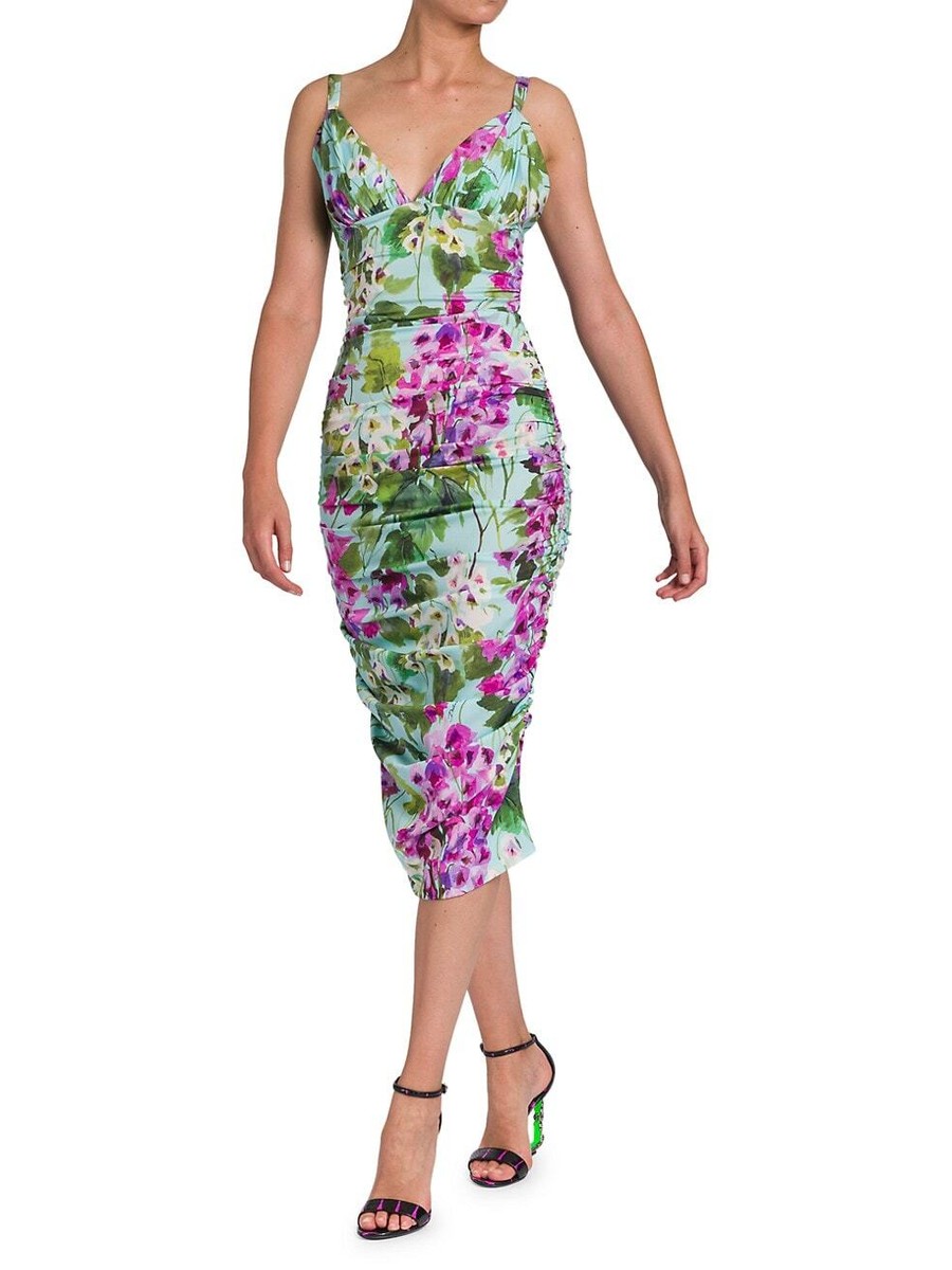 ワンピース D&G Frilled Silk Flower Dress Floral silk-blend midi dress in black - Dolce Gabbana
