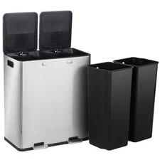 Double Stainless Steel Trash Can 2 x 8 Gallon Recycling Bins w/Foot Pedals Slive