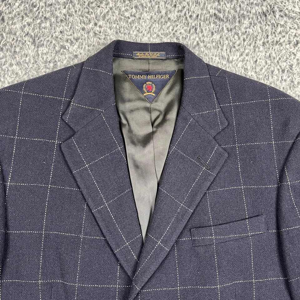 Vintage Tommy Hilfiger Jacket Mens L Navy Grid Check Sports Coat USA Prep Blazer - Image 4 of 4