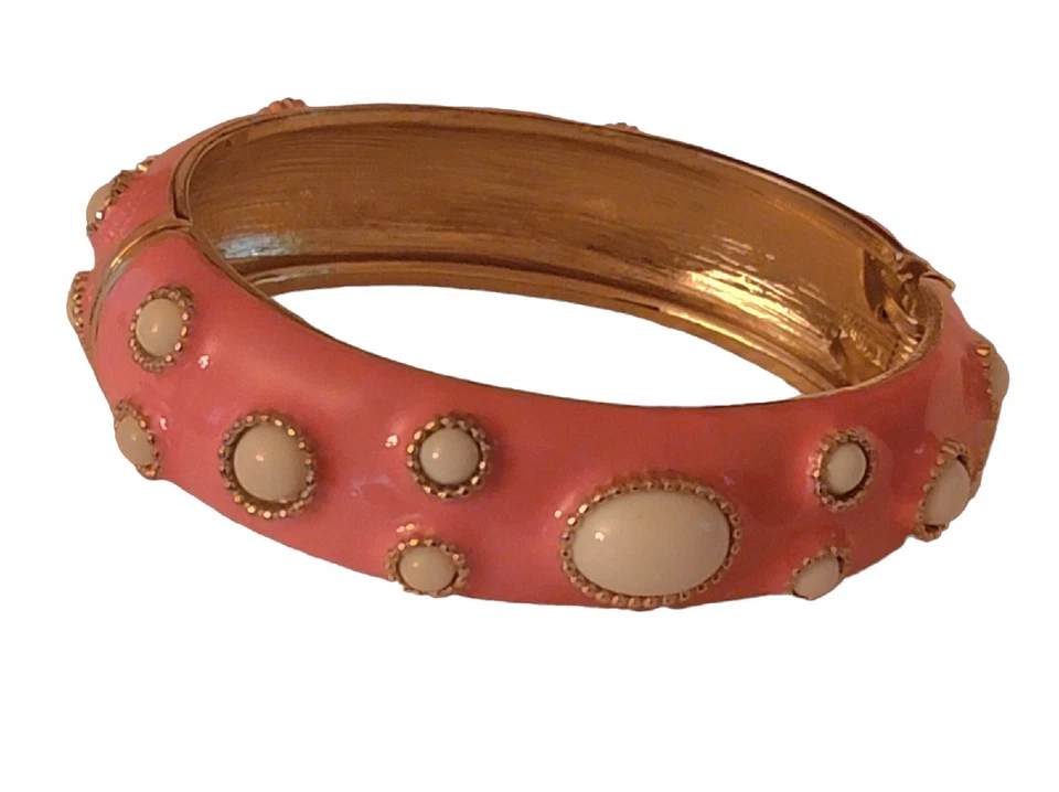 Brazalete Brazalete FORNASH Esmalte Salmón Bisagras Blanco Cabachón Piedras Redondas Foto 4 de 4