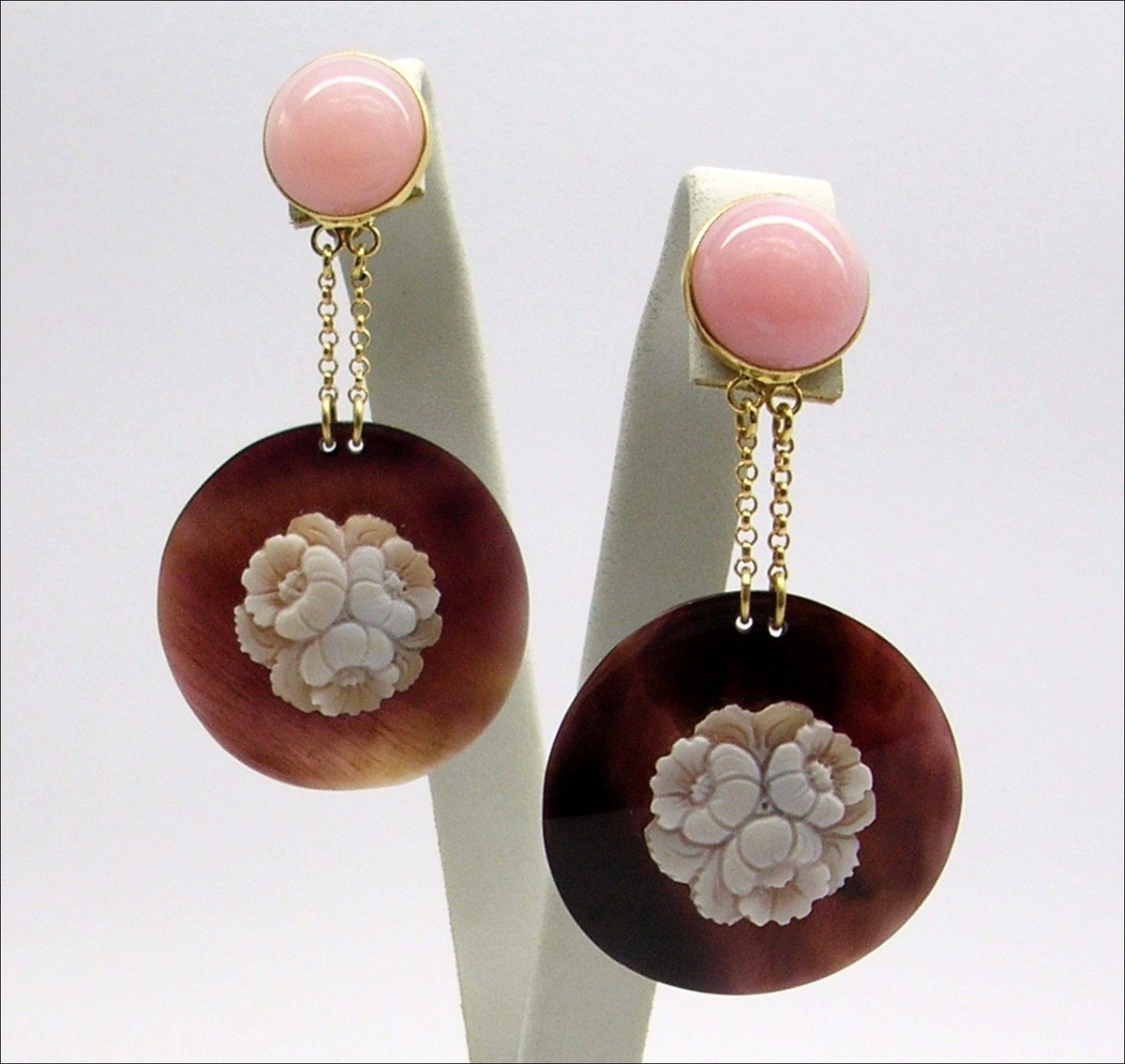 ORECCHINI IN ORO GIALLO 18 Kt CON OPALE ROSA CONCHIGLIA E CAMMEI FIORI OGHT 0213 - Foto 7