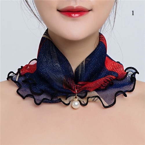 Women Pearl Pendant Chiffon Scarves Organza Neck Collar Scarf Ruffle Lace Scarf^ - Picture 13 of 20