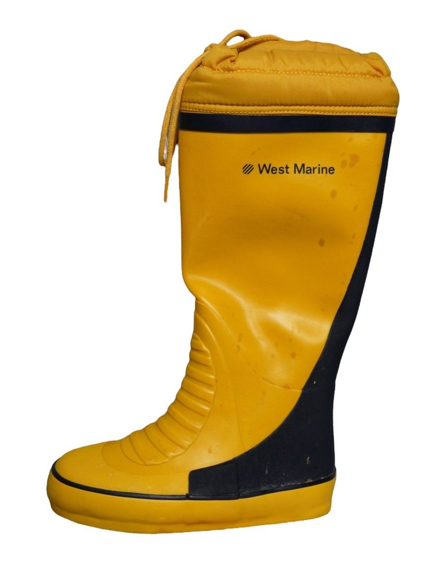 West Marine Tall Blue Yellow Rubber Boat Deck Boots size with drawstring