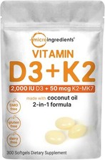 Vitamin D3 2,000 iu Plus K2 MK-7 50 mcg, 300 Virgin Coconut Oil Softgels  2.