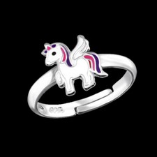 925 Sterling Silver Unicorn Ring Pink Purple White Adjustable Children Kids Ring