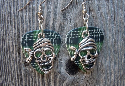 Skull with Bandanna Charm Guitar Pick Earrings with Surgical Steel Earwires - Picture 6 of 12