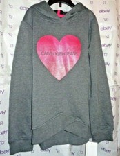  50 Calvin Klein GIRLS hoodie L 12/14 charcoal metallic heart sweater top NEW