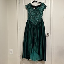 Vtg Loralie Original Green Gold Satin Lace Zip  Formal Dress USA  Made Size 12