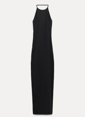 ZARA WOMAN NWT SHIMMER POLYAMIDE HALTER MIDI DRESS BLACK