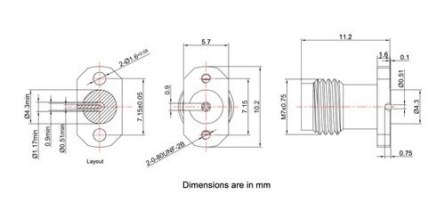 1.85mm Female Solderless PCB Connector, 2 Hole Flange for CPW/Microstrip, 67GHz - Picture 4 of 4