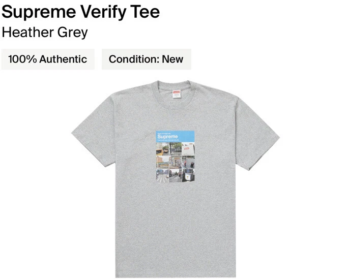 T shirt Supreme Verify ! Gris bruyère !! Taille S ! Neuf avec étiquette !!FW20 ! 100% authentique !