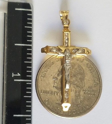 14k yellow Gold Jesus Crucifix Cross Pendant charm square stones 1.45 inch long - Picture 2 of 12
