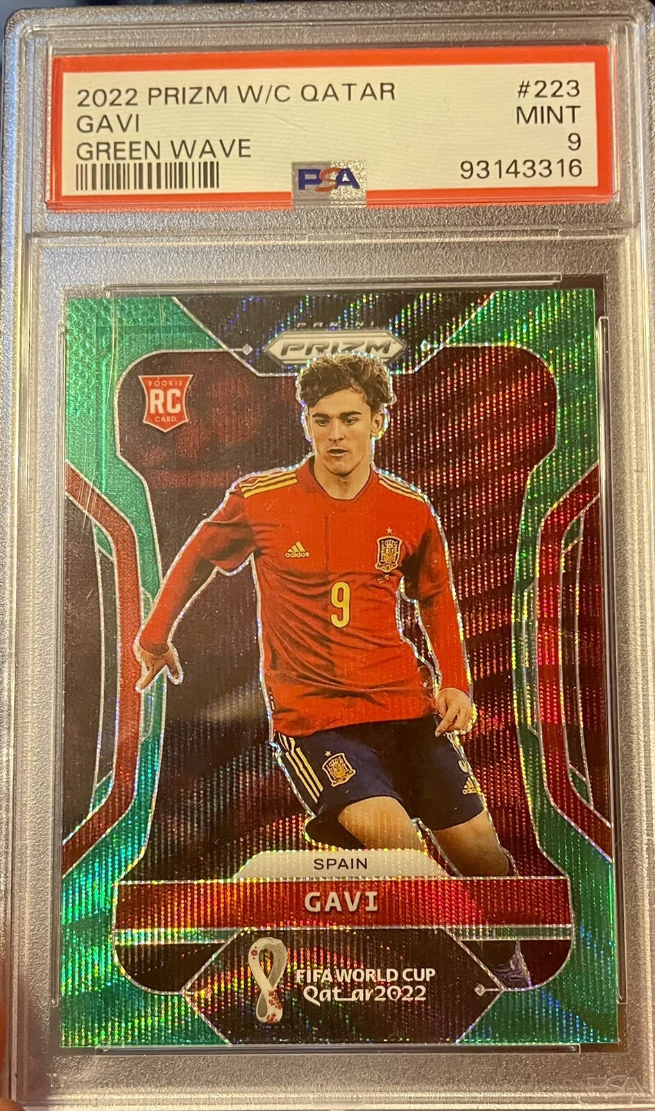 2022 Panini Prizm World Cup Gavi Green Wave Rookie PSA 9 Spain Barcelona #223