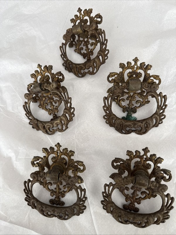5 Vintage Brass Drawer Pulls With Drop Handles