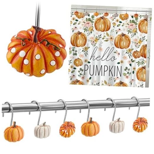 12 Pcs Pumpkin Shower Curtain Hooks Halloween Thanksgiving Day Fall Shower Spot