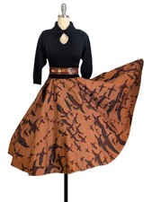 Vtg 50s Novelty Skirt sz XS Full Circle Birds Geese Flying Brown Burlap Swing