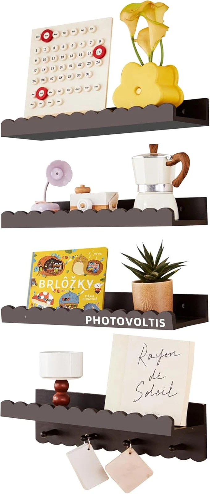 4 PCS Black Floating Shelves with Rod - Wall-Mounted Wooden Display Shelves