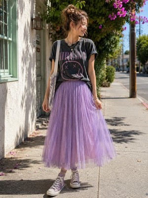 Japanese Boutique Lavender Ombré Tulle MidiSkirt Sparkle Pleated Layer Free Size