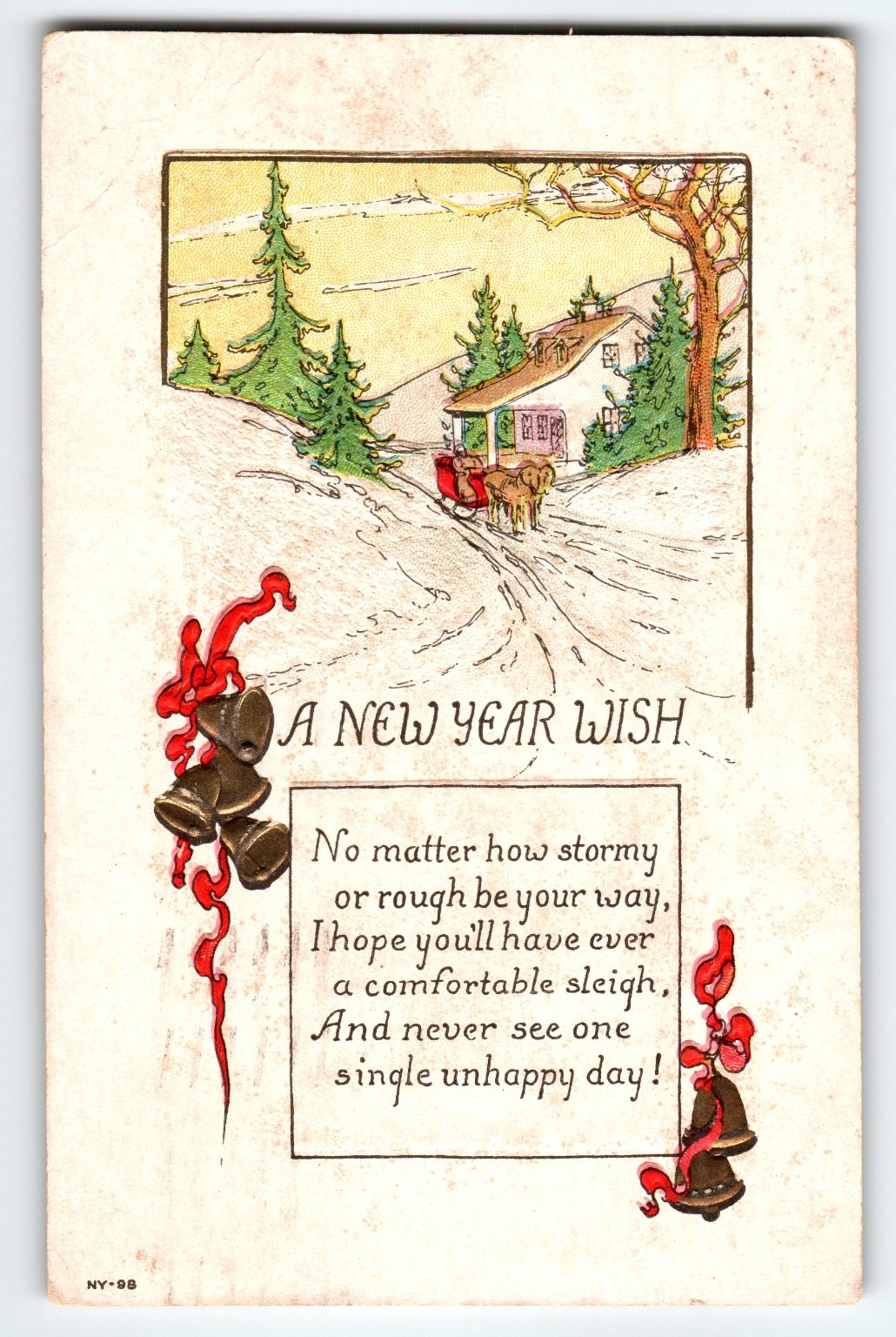 Vintage 1917 New Year Postcard Horse Sleigh Winter Scene Bells