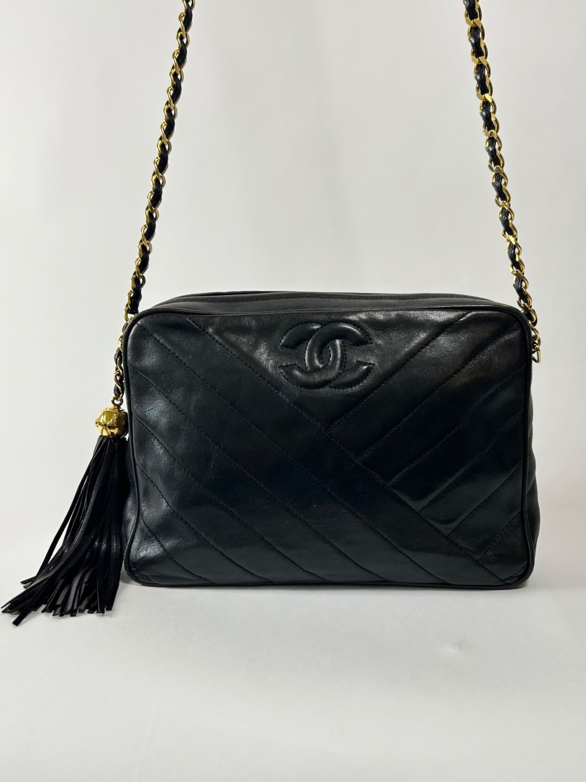 Chanel CC Vintage Chevron Camera Bag Black Lambskin Tassel Gold image 2