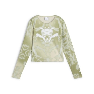 PUMA Dare To Graphic Crew Neck Long Sleeve T-Shirt Womens Green Casual Tops 6298