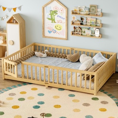 Queen Size Bed Floor Bed with Safety Guardrails and Door for Kids, Natural