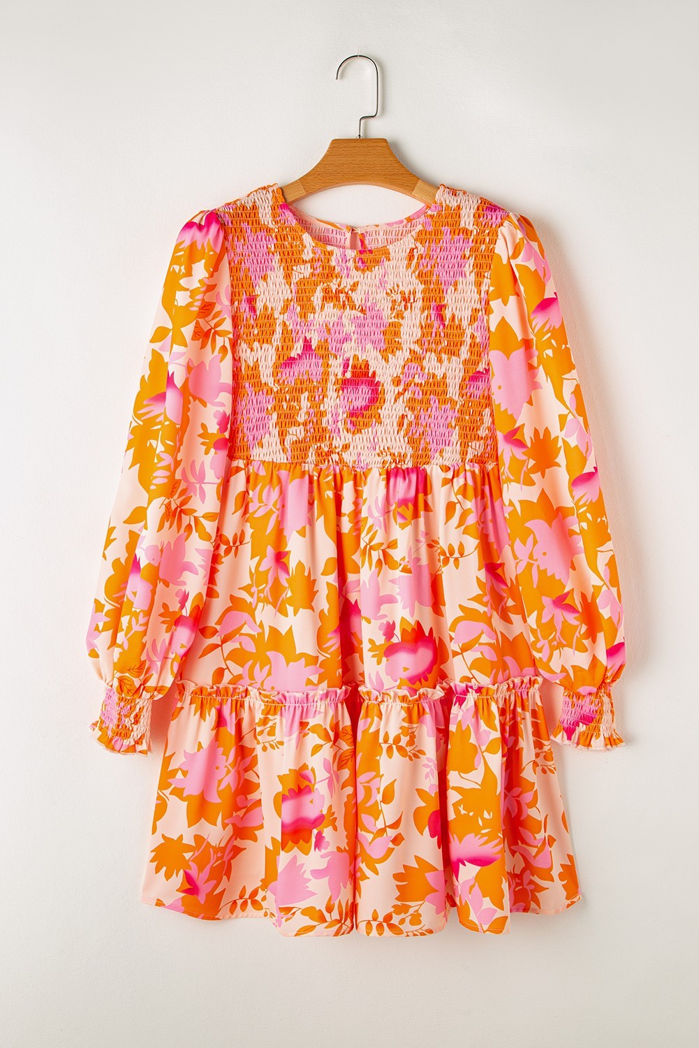 Orange Abstract Print Mini Dress XL Smocked Lantern Sleeve Ruffle Tiered 16 18 image 3