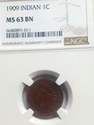 1909 INDIAN ONE CENT NGC MS63 BN