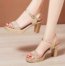 Women's Ankle Strap Sandals Platform Shoes Block Heel Formal Rhinestone Fashion