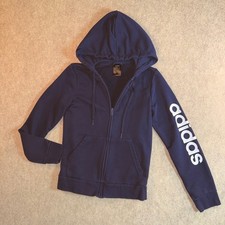 Adidas Womens Small Navy Blue Linear Sleeve Spellout Logo Full Zip Hoodie