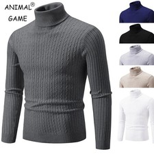 Men  s High Neck Sweater, Solid Color Warm Wool Pullover for Winter