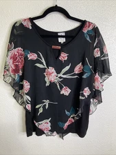 Naif Dark Floral Overlay Blouse Keyhole Neckline Black Sz L Whimsygoth Fairy