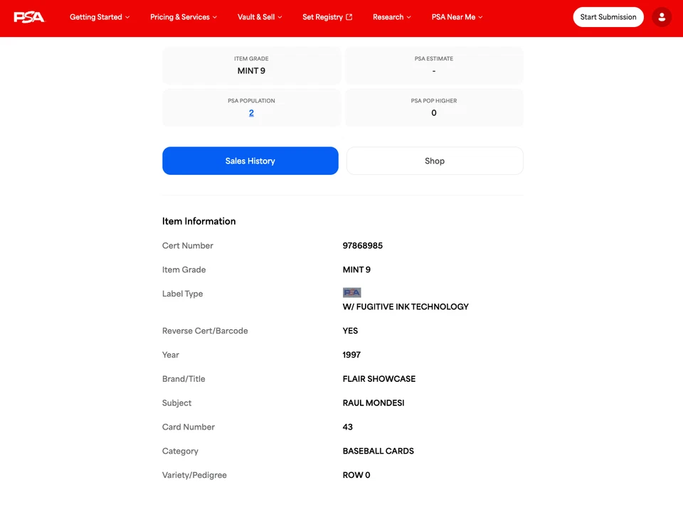 Raul Mondesi PSA 9: 1997 Flair Showcase Row 0 #43 POP 2 - Image 3 of 3