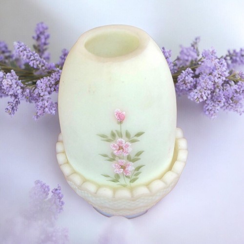 Vintage Fenton Fairy Lamp Hand Painted Floral Satin Uranium Custard Signed