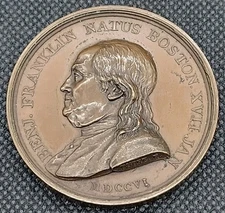 1786 Benjamin Franklin Natus Boston Medal Bronze 2 Inch Guivre