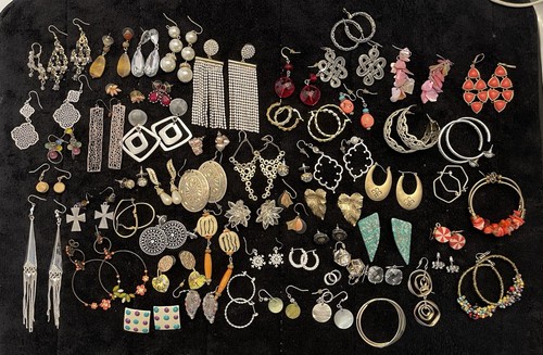 60 Pair Earrings Lot Costume Jewelry Vtg Retro Pierced Dangles Studs Gold Tone