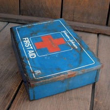 Vintage JOHNSON & JOHNSON First Aid Kit Red, White & Blue Metal Box Only #8161