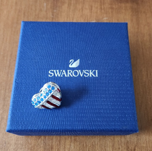 Swarovski Crystal Swan Signed American Flag Heart Lapel Pin Patriotic USA