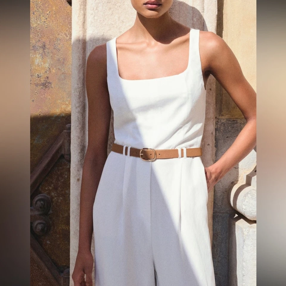 Macacão Mango plissado frontal com cinto branco - Imagem 2 de 4