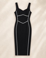 BTFBM Womens Black Bodycon Midi Dress With White Trim Sleeveless Stretchy Fit Si