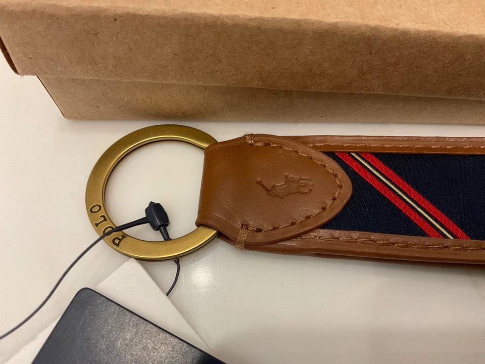 NUEVO Llavero Polo Ralph Lauren Cuero y Azul Marino Seda CREST - BRONCEADO Foto 3 de 4