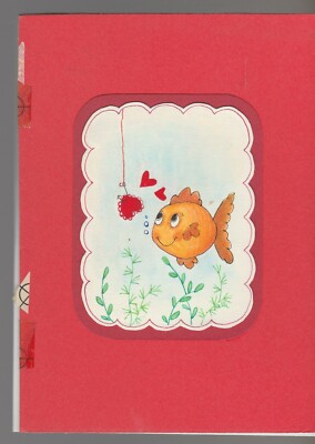 cute fish valentine cards with hook VALENTINE Cute Cartoon Fish w/ Heart on Hook 4.5x6.5