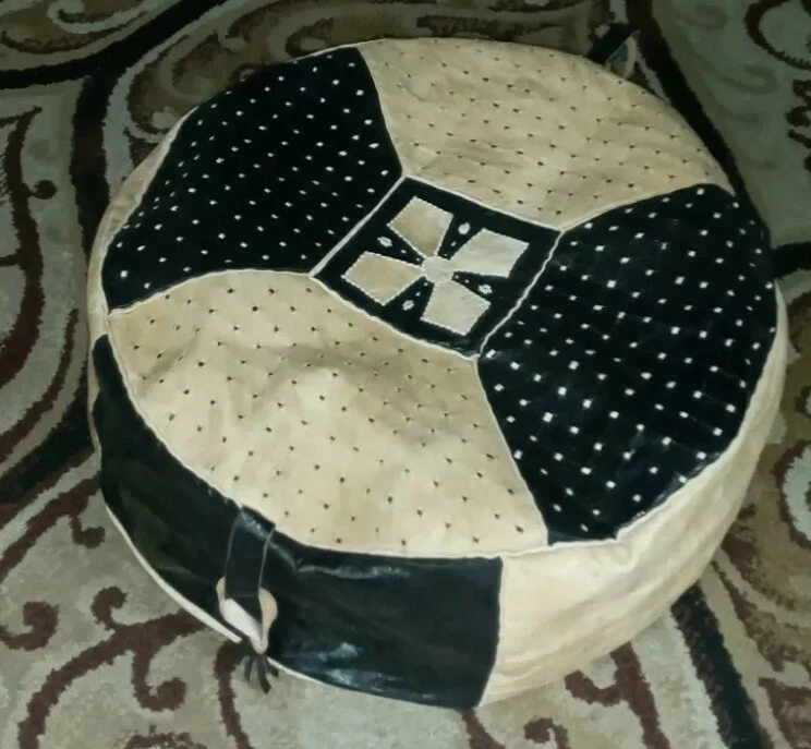 New Handmade POUF Genuine Leather Pouffe Ottoman Footstool round floor pillow  - Image 2 of 4