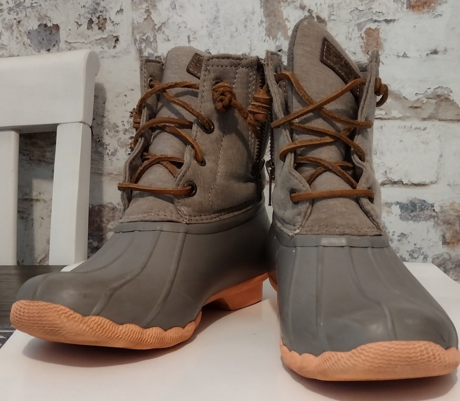 gray and pink sperry duck boots