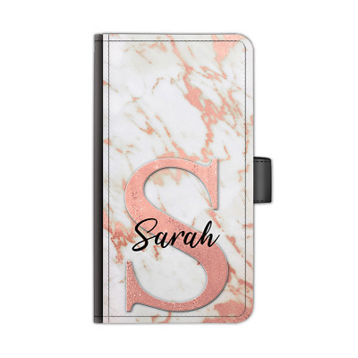 Personalised Initials Name PU Leather Phone Case Peach Pink Marble Flip Cover